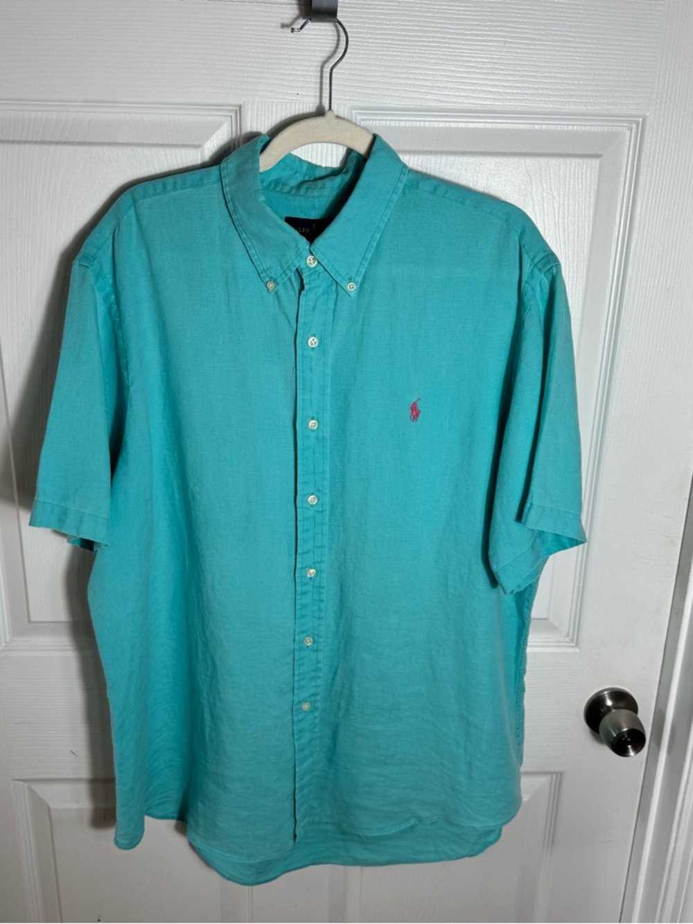 Polo Ralph Lauren Men's XL 100% Linen Shirt Aqua Short Sleeve Button Down - Picture 7 of 7